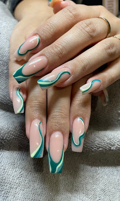Teal abstract swirl coffin nails
