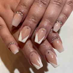 White French nails with rhinestone accents