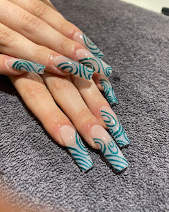 Teal and black swirl long coffin nails
